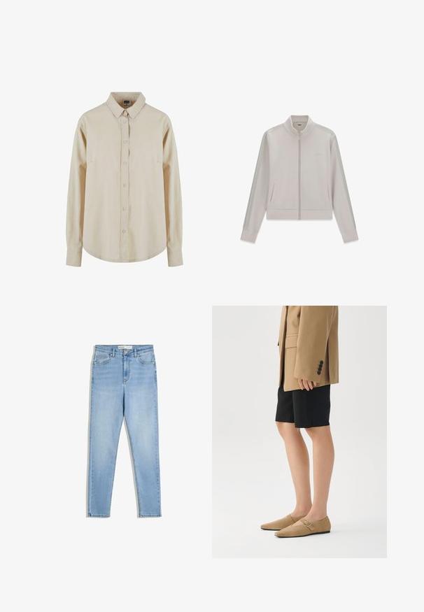 Vaaleanbeige vetoketjullinen takki pitkillä hihoilla, pystykauluksella, sivutaskuilla ja hillityllä logolla rinnassa, kuvattuna valkoisella taustalla.; Beige pitkähihaine paita, joka on valmistettu puuvillasta. Sen etupuolella on napitus, terävä kaulus ja yksi rintatasku. Pehmeä kangas, rento malli.; Vaaleansiniset farkut, joissa on korkeavyötäröinen malli, kapeat lahkeet, etutaskut ja vetoketjukiinnitys. Kangas näyttää hienovaraisen haalistuneelta pesulta.; Harmaat mokka-liukusisäkengät, joissa on terävät varvassuojejat ja pieni solkiakseli. Yhdistetty mustien shorttien ja beigen ylisuuren bleiserin kanssa.