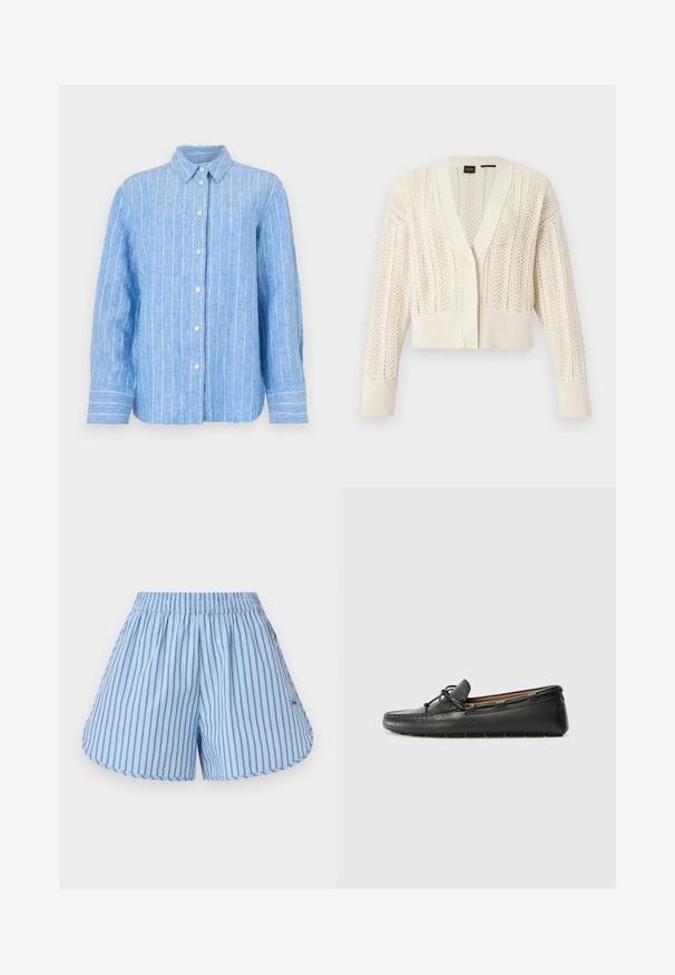 Kermanvärinen neulottu cardigan, jossa V-aukko, napitettu etuosan sulkeminen, pitkät hihat, resoroidut hihansuut ja helma, ja koko pinnassa pitsimäinen kuvio.; Vaaleansininen pellavapaita, jossa valkoiset pystysuorat raidat, pitkät hihat, napitettavat etuosat ja klassinen kaulus. Rakenteellinen kangas, rento istuvuus.; Vaaleansiniset shortsit, joissa ohuet mustat pystysuorat raidat, joustava vyötärö ja pyöristetyt helmat.; Musta nahkainen venekenkä pyöreällä kärjellä, ommeltu yksityiskohta, pieni nauhatehoste ja kumipohja. Sujuva pinta ja virtaviivainen muotoilu.