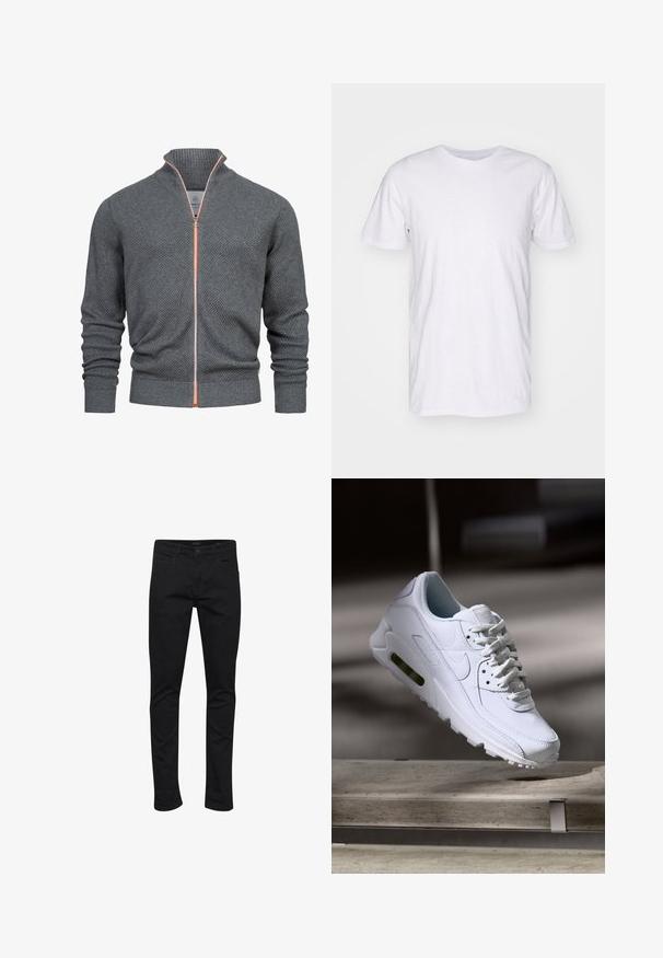 Grauer Zip-Pullover mit strukturiertem Muster, gerippten Bündchen und einem orangefarbenen Akzent entlang des Reißverschlusses. Hoher Kragen. Weicher Stoff.; Selected SLHASPEN SLUB TEE - T-Shirt basic - bright white; Schwarze Denim-Jeans mit slim Fit, klassischem Fünf-Taschen-Design, robusten Nähten und einem Reißverschluss mit Knopfverschluss.; Weiße Lederturnschuhe mit strukturierten Oberflächen, gepolstertem Kragen und sichtbarer Luftpolsterung in der Sohle. Verfügt über Schnürsenkel und ein minimalistisches Design.