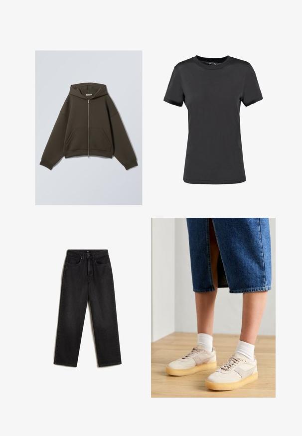 Dunkelgrüner Reißverschluss-Hoodie mit Kapuze, zwei vorderen Taschen und weiten Ärmeln. Hergestellt aus weich gewebtem Stoff mit lockerer Passform.; Schwarzes T-Shirt mit kurzen Ärmeln aus glattem Stoff. Verfügt über einen Rundhalsausschnitt ohne sichtbare Muster oder Akzente und bietet ein einfaches Design.; Vans SIRELLE 5 POCKET PUDDLE TROUSERS, - Jeans Straight Leg - black; Beige Sneaker aus Wildleder und Mesh-Texturen, mit weißen Schnürsenkeln und Gummisohle. Kombiniert mit weißen Socken und einem dunklen Denim-Midikleid.