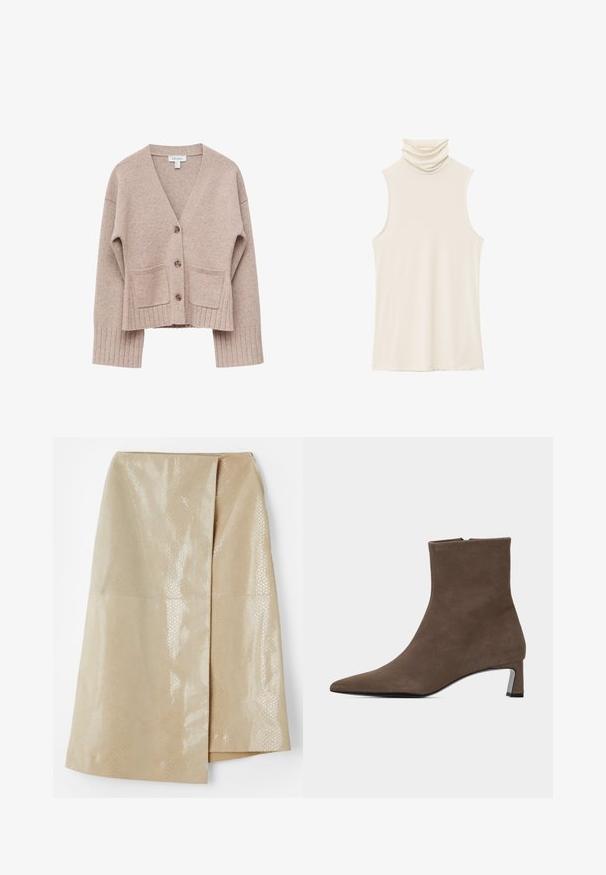 Cardigan court beige tricoté avec col en V, trois boutons marron, deux poches avant, et poignets et ourlet côtelés.; Haut sans manches de couleur crème avec un col bénitier drapé et haut. Fabriqué en tissu doux et lisse avec une texture légère et extensible, sans ornements.; Jupe en simili cuir beige avec un motif serpent texturé et brillant ; dotée d'un design enroulé et d'une fente sur le côté pour plus de détails.; Bottine en suède marron avec bout pointu, fermeture éclair latérale et petit talon carré sur fond clair uni.