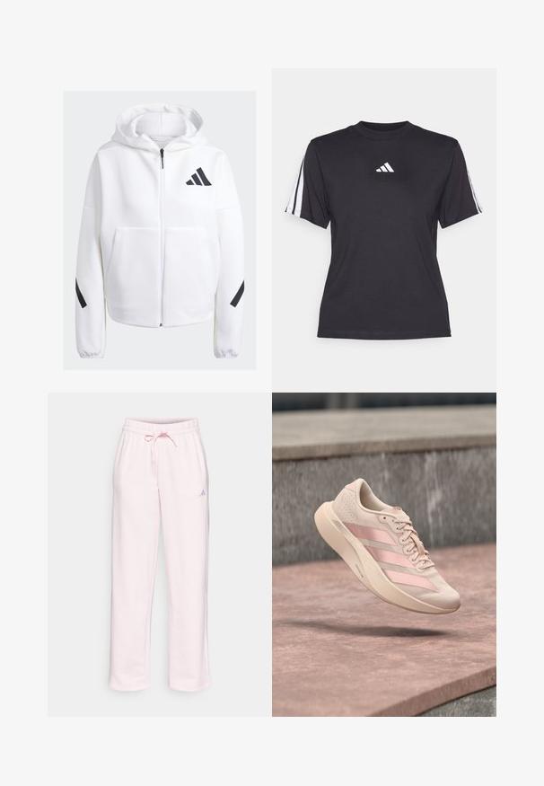 Biely zip-up sveter s čiernymi akcentmi, veľkými prednými vreckami, mäkkou textúrovanou tkaninou a voľným strihom. Obsahuje kapucňu a logom značky na prsiach.; Čierne športové tričko vyrobené z mäkkého materiálu, s klasickým okrúhlym výstrihom, krátkymi rukávmi a tromi bielymi pruhmi na každom ramene. Biely logo na hrudi.; Světle růžové tepláky vyrobené z měkké látky, s elastickým pasem na šnůrku, rovnými nohavicemi a malým logem Adidas na boku.; Svetloružová teniska s tromi tmavšími ružovými pruhmi a šnúrkami, zavesená vo vzduchu nad kamenným povrchom a schodmi v pozadí.