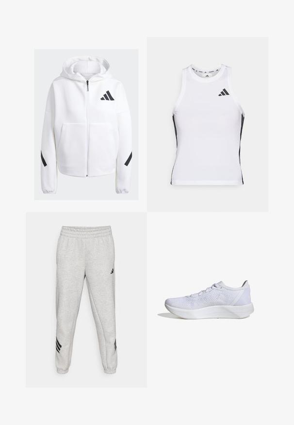 Weißer Reißverschluss-Hoodie mit schwarzen Akzenten, großen Fronttaschen, weichem Textilgewebe und lockerer Passform. Mit Kapuze und Markenlogo auf der Brust.; Weißes sportliches Tanktop mit schwarzen Seitenakzenten und Logo. Verfügt über einen rund ausgeschnittenen Halsausschnitt und eine figurbetonte Passform, hergestellt aus leichtem, atmungsaktivem Material.; Hellgraue Jogginghose mit einem gerippten elastischen Bund, schmal zulaufenden Beinen und drei schwarzen diagonalen Streifen nahe den Bündchen. Glatte Textur.; Weißer Sportschuh mit atmungsaktivem Mesh-Obermaterial, Schnürdesign, gepolstertem Kragen und einer strukturierten Gummisohle für besseren Halt.