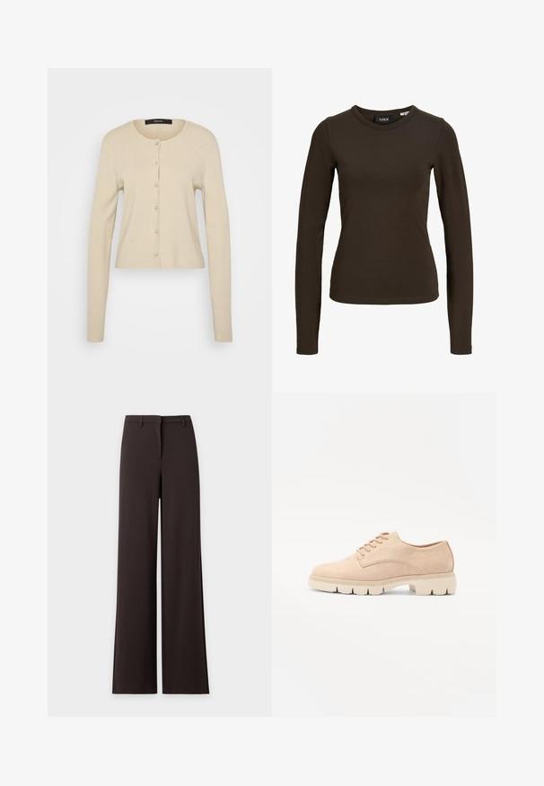 Lys beige cardigan med ribbet tekstur, rund hals, og knaplukning med perle-lignende knapper, lange ærmer og en slim fit-designet.; Mørkebrun langærmet tætsiddende T-shirt med rund hals, med enkelt design og glat stofstruktur, vist på en ensfarvet hvid baggrund.; Mørkebrune bukser med høj talje, vide ben, bæltestropper og skjult forlukning foran på en ensfarvet lys baggrund.; Beige ruskind snørebåndssko med rund tå, tekstureret overdel og en kraftig, cremefarvet gummisål med udtalt mønster for godt greb.