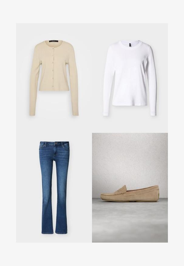 Lys beige cardigan med ribbet tekstur, rund hals, og knaplukning med perle-lignende knapper, lange ærmer og en slim fit-designet.; Hvid langærmet t-shirt med rund hals vist forfra mod en neutral baggrund med et sort tøjlabel i halskanten.; Blå denim bootcut-jeans med forlommer, bæltestropper og knaplukning, vist mod en ensfarvet hvid baggrund.; Beige ruskinds loafers med broderet tådetalje og en glat overflade. Flad hæl og afrundet form. Minimalistisk design uden udsmykninger.
