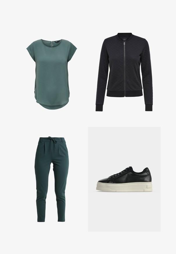Veste bomber matelassée noire avec fermeture éclair à l'avant, poignets et ourlet côtelés. Présente un motif en losanges sur le tissu. Design simple et épuré.; Haut vert à manches courtes en tissu texturé. Présente un col rond et une fermeture éclair discrète au dos, avec un ourlet légèrement arrondi.; Pantalons fuselés en vert foncé, extensibles avec cordon de serrage à la taille, plis discrets et texture lisse. Pas de motifs visibles ni de détails en matériel.; Baskets basses en cuir noir avec semelle plateforme blanche épaisse et lacets noirs sur un fond clair uni.