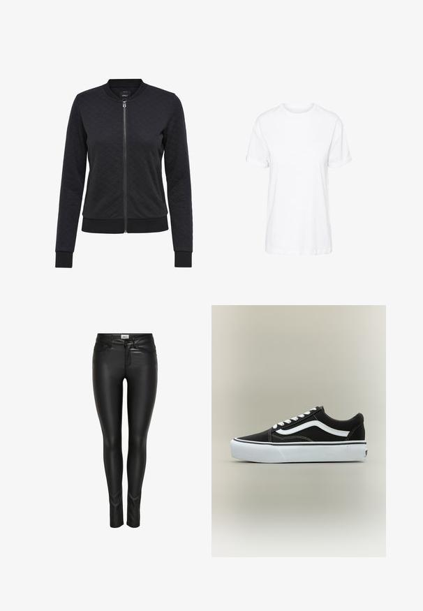 Sort quiltet bomberjakke med frontlynlås, ribbede manchetter og kant. Har et diamantmønster på stoffet. Enkel, strømlinet design.; Hvid bomulds t-shirt med korte ærmer, rund hals og en afslappet pasform, med en glat tekstur og uden synlige mønstre.; Sorte slim-fit bukser i kunstlæder med frontknap, lynlås-lukning og bæltestropper, vist på en hvid baggrund.; Lavtop sort sneaker med hvid side stribe, hvide snørebånd, hvid gummisål og tekstureret tåhætte på neutral baggrund.