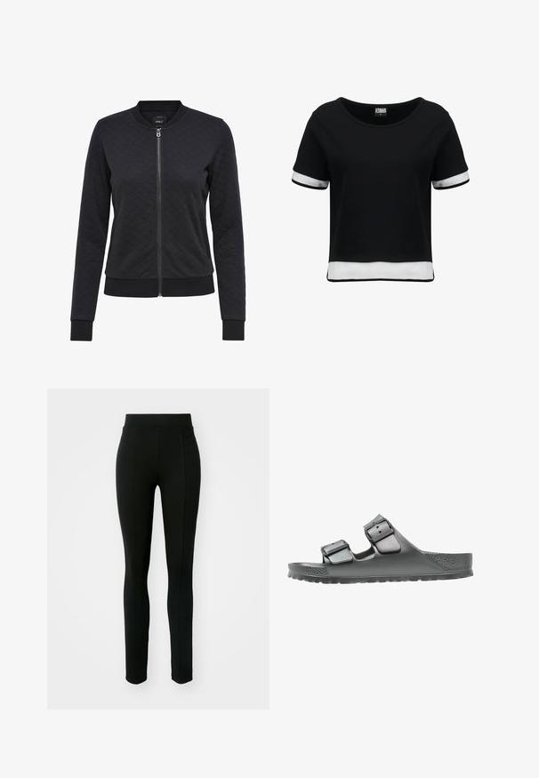 Veste bomber matelassée noire avec fermeture éclair à l'avant, poignets et ourlet côtelés. Présente un motif en losanges sur le tissu. Design simple et épuré.; T-shirt noir court à manches courtes, avec des accents en maille blanche sur les manches et l'ourlet. Tissu lisse ; encolure arrondie.; Leggings noirs en matière extensible, dotés d'une taille haute, d'une coupe slim et de deux poches avant sans coutures visibles.; Sandale grise avec deux sangles réglables, finition texturée, semelle large et semelle anatomique pour le confort. Design léger et flexible.