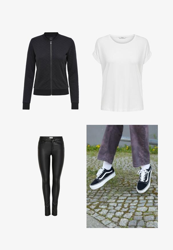 Chaqueta bomber negra acolchada con cremallera frontal, puños y dobladillo de canalé. Presenta un patrón de diamantes en la tela. Diseño simple y aerodinámico.; Camiseta blanca de manga corta hecha de algodón suave. Presenta un cuello redondo y puños enrollados. Diseño simple sin patrones ni acentos.; Pantalones de imitación de cuero negros de corte ajustado, con cierre de botón en la parte delantera, cremallera y pasadores para cinturón, exhibidos sobre un fondo blanco.; Zapatillas de ante negro con detalles en blanco, que presentan una punta redondeada, suela gruesa blanca y un diseño clásico de cordones, usadas con calcetines blancos y pantalones morados.