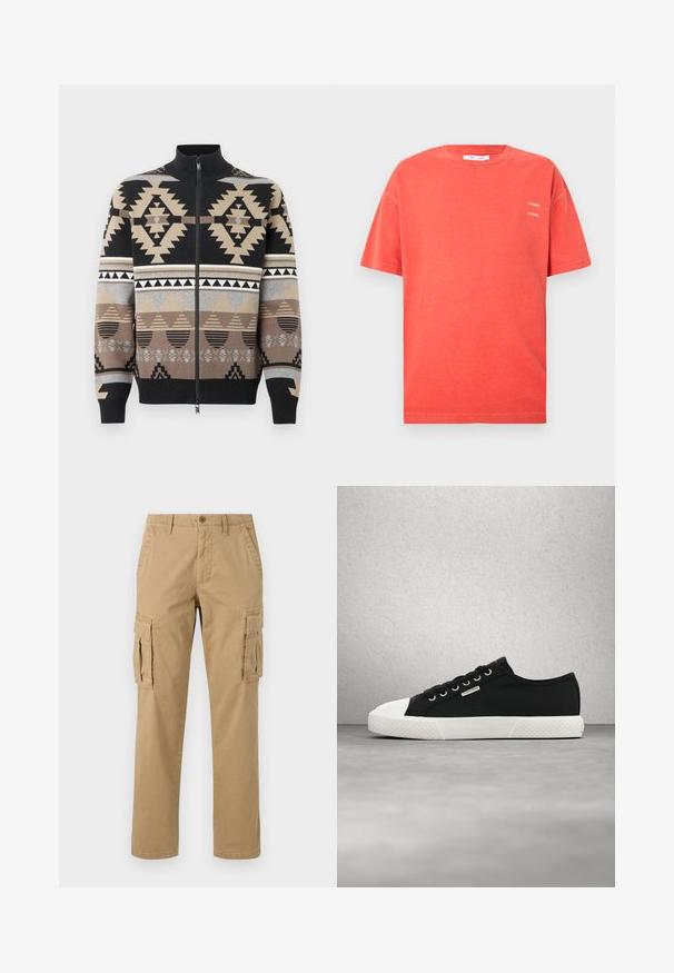 Cardigan med lynlås og et indviklet geometrisk strikkemønster i sort, beige, grå og brun med opretstående krave og ribstrikkede ærmekanter.; Korallyrød kortærmet T-shirt i bomuld med rund hals, afslappet pasform og lille hvidt "SAMSØE"-logo trykt to gange på venstre bryst.; Beige cargobukser med to sidelommer, knaplukning, lige ben og et blødt, tekstureret stof.; Sort-hvid lavtop-sneaker fra Calvin Klein med snørebånd, svævende over en glat grå gulv nær en væg af glasblokke.