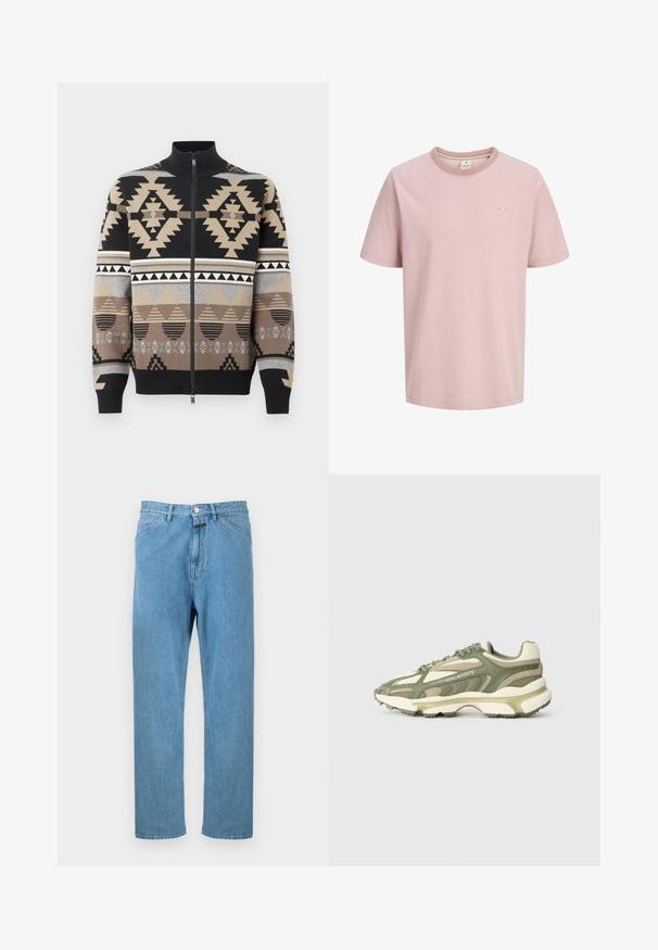 Vest met rits, voorzien van een ingewikkeld geometrisch breipatroon in zwart, beige, grijs en bruin, met een opstaande kraag en geribbelde manchetten.; Lichtroze T-shirt met korte mouwen en ronde hals, met een klein wit logo op de linkerborst en een eenvoudig, effen ontwerp.; Lichtblauwe spijkerbroek met een rechte pijp, vijfzakkenontwerp en een knoopsluiting aan de tailleband. Geen zichtbare patronen of versieringen.; Groene en beige sportsneakers met een bovenwerk van mesh en suède, een gestructureerde tussenzool, zichtbaar vetersysteem en een gedetailleerd reliëflogo.