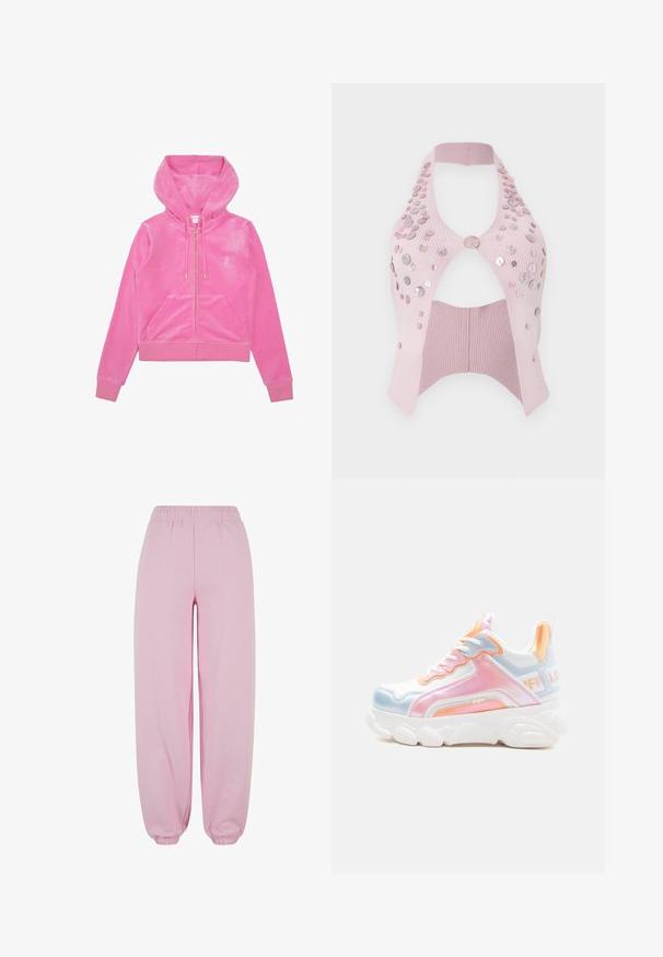 Lyserød zip-up hættejakke lavet af blød velour, med snoretræk i hætten, forlommer og hardware i guld. Glat tekstur.; Lyserød ribbet kort top med halterneck, udført med udskæringer, pyntet med forskellige størrelser af blanke knapper på den ene side.; Urban Classics Træningsbukser - softpink; Kraftig hvid sneaker med pastelrosa, blå og orange detaljer, tyk sål, snørelukning foran og mærket trækflap på hælen.