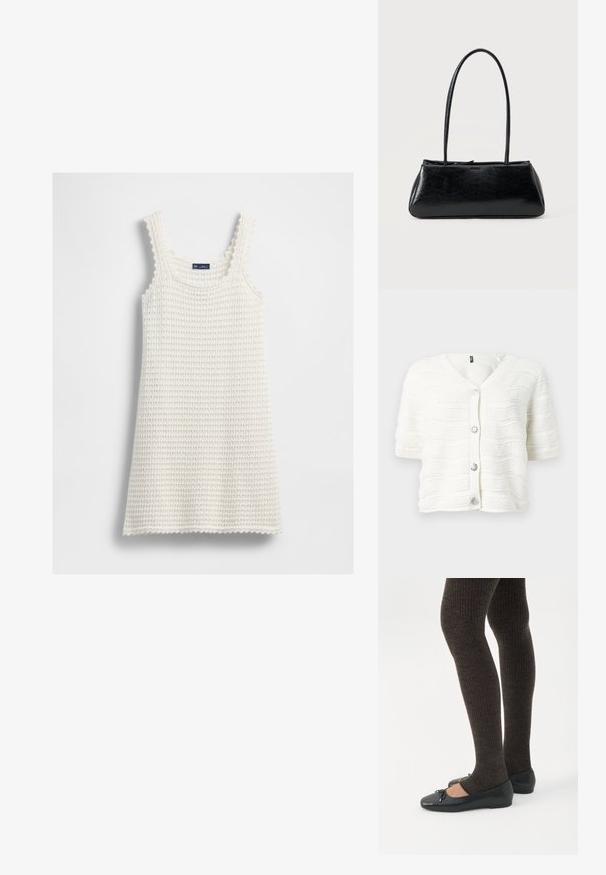 Cardigan blanc en maille à manches courtes avec col en V, motif ondulé texturé, bordures côtelées et quatre boutons décoratifs en forme de fleurs argentées.; Robe sans manches tricotée en blanc avec des bords en forme de vagues et une texture en maille, posée à plat sur un fond blanc.; Jambes portant des leggings côtelés foncés associés à des ballerines noires avec de petits détails en nœud sur fond blanc.; Sac à épaule rectangulaire noir avec de longues bretelles fines et une texture lisse et brillante sur un fond uni.