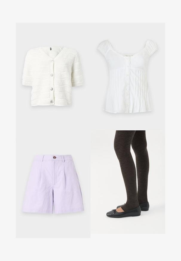 Cardigan blanc en maille à manches courtes avec col en V, motif ondulé texturé, bordures côtelées et quatre boutons décoratifs en forme de fleurs argentées.; Blouse blanche à manches courtes avec boutons devant, encolure carrée, épaules froncées et plis verticaux sur la partie inférieure.; Shorts lilas en tissu léger avec un devant plissé, une fermeture à bouton, des passants de ceinture et des poches latérales. Finitions nettes et design classique.; Jambes portant des leggings côtelés foncés associés à des ballerines noires avec de petits détails en nœud sur fond blanc.