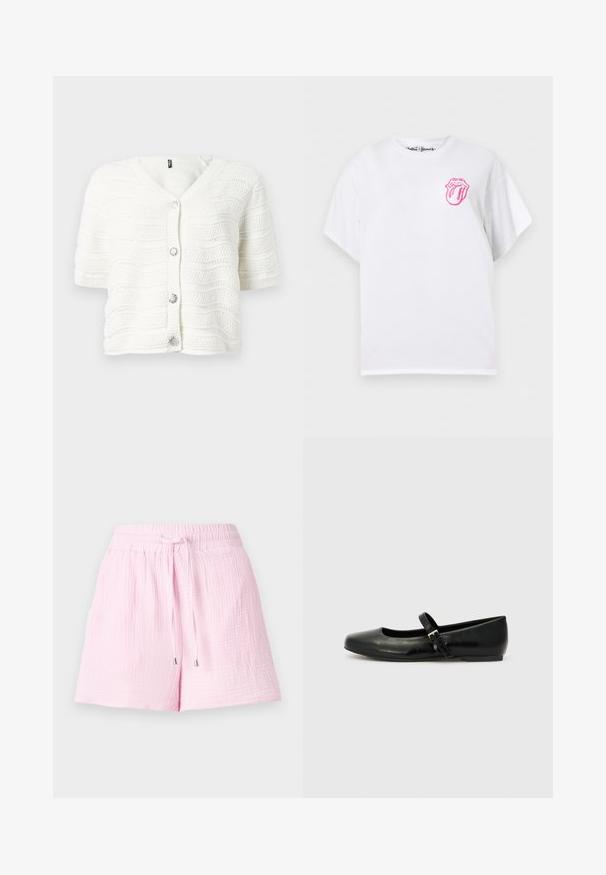 Hvid kortærmet strikket cardigan med V-hals, tekstureret bølgemønster, ribbekanter og fire dekorative sølvknapper formet som blomster.; Hvid T-shirt med korte ærmer og lille pink Rolling Stones tunge- og læbelogo på øverste venstre bryst.; Lyserøde shorts lavet af tekstureret stof. Har en elastisk talje med snore og sølvspidser, designet til komfort.; Sorte læder balletflade med rund tå, flad sål og en tynd justerbar rem over svangen med en metalspænde.
