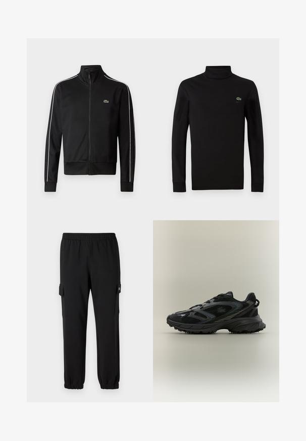 Sort lynlås trackjakke lavet af glat stof, med hvide sidelommer og et lille grønt logo på brystet. Høj krave-design.; Sort langærmet turtleneck lavet af glat bomuldsstof, med et lille grønt krokodillelogo på venstre bryst.; Sorte sweatpants med elastisk talje, indsnævrede manchetter og sidelommer. Fremstillet af blødt materiale med en glat tekstur.; Sort atletisk sko med meshpaneler, en tekstureret sål, snørebånd og en buet silhuet med sølvfarvede accenter på siderne.