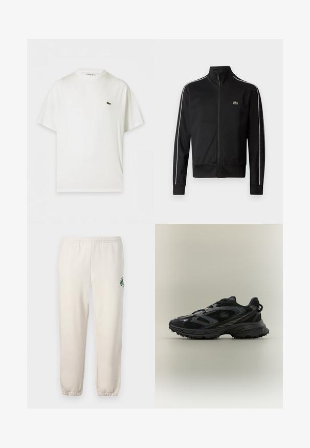 Schwarze Zip-Jacke aus glattem Stoff mit weißen Seitenstreifen und einem kleinen grünen Logo auf der Brust. Hoher Kragen.; Lacoste T-Shirt basic - white; Helle beige Sweatpants aus Baumwolle mit einem elastischen Bund, gerippten Bündchen und einem grünen Logo mit Blattdesign am linken Bein.; Schwarzer Sportschuh mit Netz панели, einer strukturierten Sohle, Schnürsenkeln und einer geschwungenen Silhouette mit silbernen Akzenten an den Seiten.