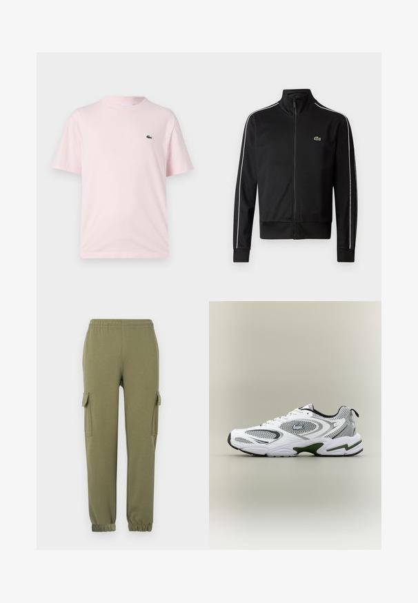 Chaqueta de chándal negra con cremallera, fabricada en tejido suave, que presenta franjas laterales blancas y un pequeño logo verde en el pecho. Diseño de alto collar.; Camiseta de algodón de color rosa claro con mangas cortas. Presenta un pequeño logo bordado en verde en el lado izquierdo del pecho. Diseño de cuello redondo.; Pantalones cargo de tela liviana en color verde oliva, con bolsillos laterales, cintura elástica y puños ajustados para un ajuste ceñido.; Zapatilla deportiva de running en blanco y gris, con paneles de malla, acentos verdes, detalles en negro y un logo en el costado, vista desde el lado exterior.