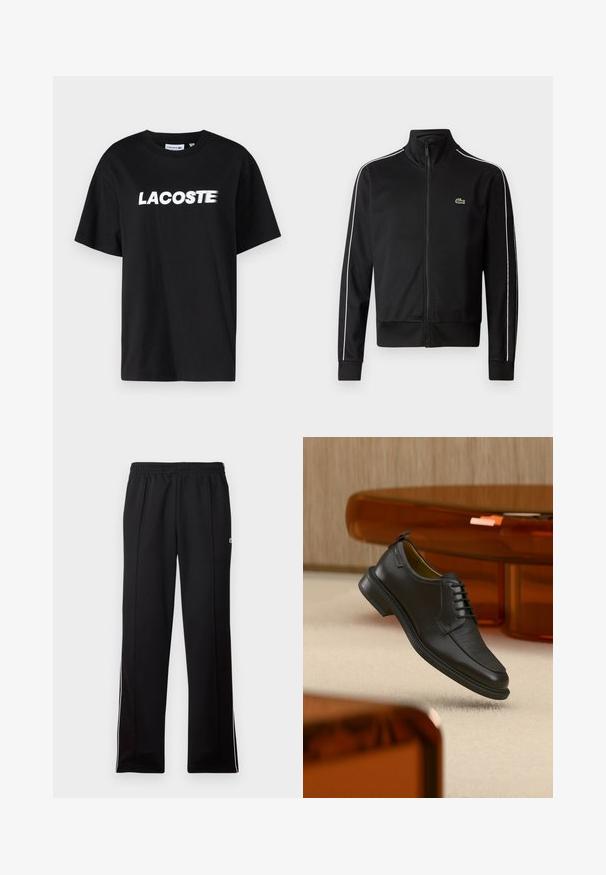 Chaqueta de chándal negra con cremallera, fabricada en tejido suave, que presenta franjas laterales blancas y un pequeño logo verde en el pecho. Diseño de alto collar.; Camiseta de algodón negra con el logo "LACOSTE" impreso en blanco en la parte delantera. Manga corta y cuello redondo. Corte clásico y relajado.; Pantalones deportivos negros de largo completo con cinturilla elástica y rayas blancas en los laterales, que presentan un pequeño logo verde en la parte superior.; Zapato de vestir negro de piel con cordones y parte delantera texturizada, flotando sobre una alfombra beige en una habitación moderna con muebles de tono ámbar.
