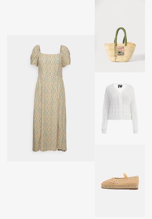 Hvid strikket cardigan med V-hals, der har et netmønster og kabelstrik-detaljer. Fire knapper foran, cropped længde.; Even&Odd Hverdagskjole - green/pink; Loeffler Randall KAYLA - Espadrilles - natural; Vævet beige stråtaske med flettede grønne og sorte håndtag og en farverig rektangulær lap foran.