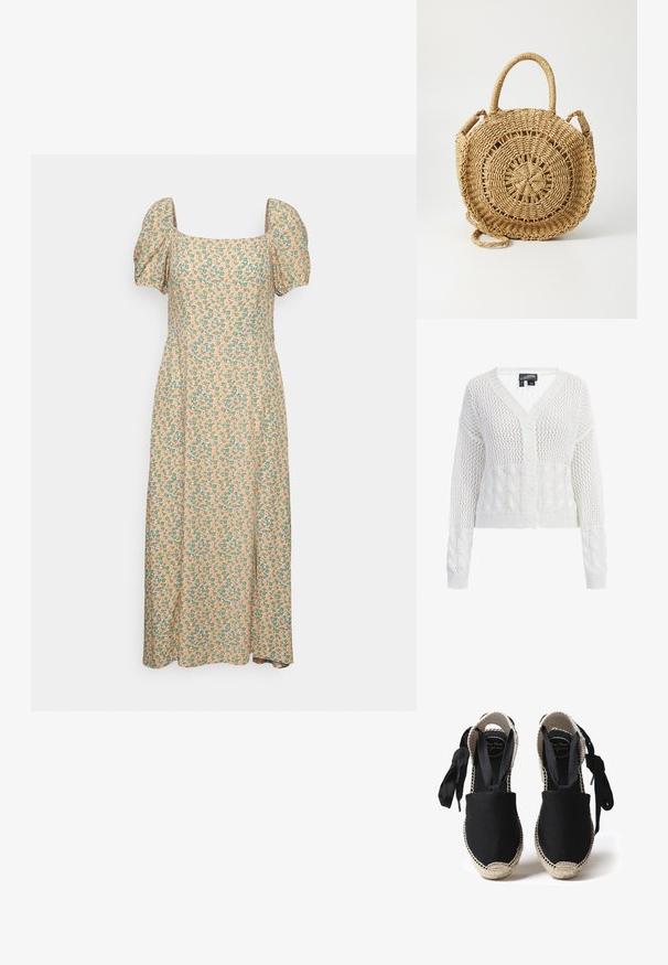 Hvid strikket cardigan med V-hals, der har et netmønster og kabelstrik-detaljer. Fire knapper foran, cropped længde.; Even&Odd Hverdagskjole - green/pink; Sorte canvas espadriller med en sovesål og vævede kanter. Snører lavet af det samme sorte stof for justerbar pasform. Lukket tå-design.; ONLY ONLPENELOPE BEACH ROUND CROSSOBODY - Skuldertasker - toasted coconut