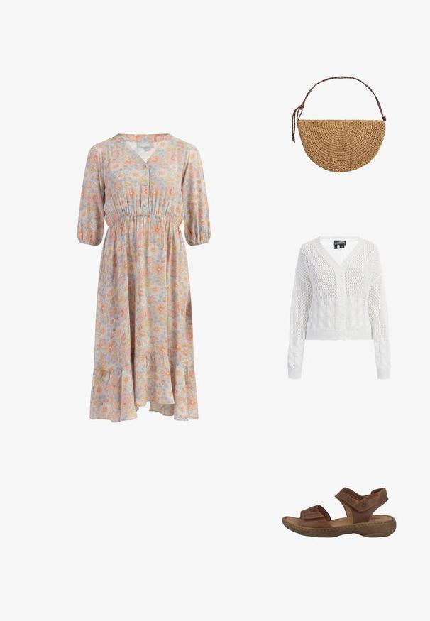 Hvid strikket cardigan med V-hals, der har et netmønster og kabelstrik-detaljer. Fire knapper foran, cropped længde.; Blomstret kjole med en lyseblå baggrund og fersken- og gule blomster, V-hals, trekvartærmer og elastisk talje.; Brune lædersandaler med en polstret sål, to justerbare stropper og en struktureret gummisål. Har synlige syninger.; Halvmåneformet håndtaske af flettet strå med en brun justerbar skulderrem, der er bundet i den ene ende, på hvid baggrund.