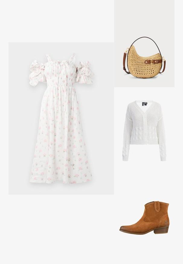 Hvid strikket cardigan med V-hals, der har et netmønster og kabelstrik-detaljer. Fire knapper foran, cropped længde.; Hvid blomsterkjole med pink rosetter, smocket liv, skulderfri puffærmer og en svævende silhuet.; Tan ruskindsankelstøvler med spids tå, dekorativt syning og en lav stablet hæl. Har en pull-tab med zigzag kant.; Vævet halmmulesæk med en buet form, brunt læderstrop med spænde og en naturlig tan farve. Tekstureret overflade med synlige sting.