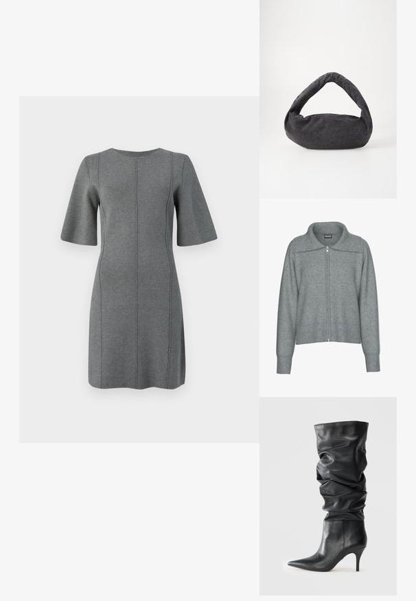 Cárdigan gris suave con cremallera, cuello ancho, dobladillo y puños acanalados, con mangas largas y un ajuste relajado.; Vestido de punto gris con mangas cortas en forma de campana, escote redondo y costuras verticales. Textura suave y diseño hasta la rodilla.; Botas altas de cuero negro con un diseño caído, puntera puntiaguda y un elegante tacón de aguja. Textura suave, con un hardware mínimo.; Bolsa de tela gris oscuro con un asa curva, textura suave y forma redondeada. Sin hardware ni adornos visibles.