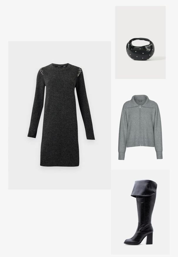 Sanfter grauer Reißverschluss-Cardigan mit breitem, geripptem Kragen, Saum und Bündchen, mit langen Ärmeln und lässiger Passform.; Dunkelgraues langärmliges Strickkleid mit rundem Ausschnitt und kleinen Perlenverzierungen an den Schultern, gerader Schnitt in knielanger Länge.; Hoher schwarzer Lederstiefel mit Absatz, umgeschlagenem Umschlag und abgerundetem Zehenbereich, steht aufrecht auf weißem Hintergrund.; Schwarze Lederhandtasche mit abgerundeter Form, verziert mit silbernen Nietenakzenten und kurzem Griff. Glatte Struktur und Reißverschlussverschluss.