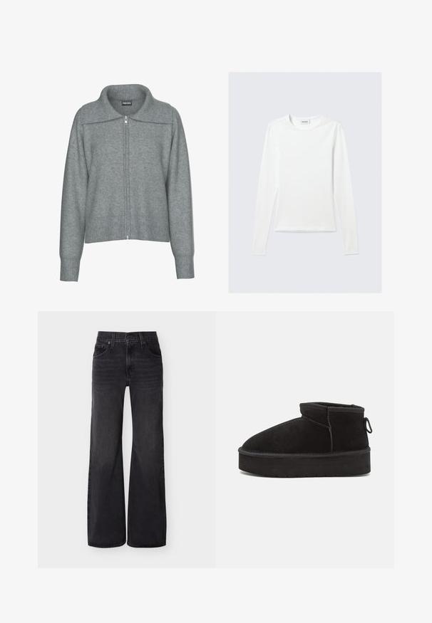Zachte grijze cardigan met ritssluiting, ribgebreide brede kraag, zoom en manchetten, met lange mouwen en een losse pasvorm.; Effen wit shirt met lange mouwen en ronde hals, slim fit, afgebeeld tegen een lichtgrijze achtergrond.; Zwarte wijde pijpen jeans met hoge taille, voorste knoopsluiting, ritssluiting, riemlussen en vijfzakkenontwerp op een effen achtergrond.; Zwarte suède enkellaars met een ronde neus, voorzien van een verhoogde zool en een zijlus voor gemakkelijk aantrekken. Het ontwerp is eenvoudig met minimale accenten.