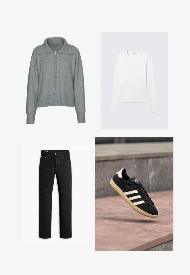 Blød grå cardigan med lynlås, bred ribstrikket krave, kant og manchetter, med lange ærmer og en afslappet pasform.; Langærmet, enkel hvid T-shirt med rund halsudskæring og tætsiddende pasform, vist mod en lysegrå baggrund.; Sorte denimjeans med lige pasform, fem lomme-design og knaplukning. Har kobbernitter og syningsdetaljer.; Sort Adidas sneaker med hvide striber og beige sål, fanget i luften over en stenet overflade og baggrund af en stenmur.