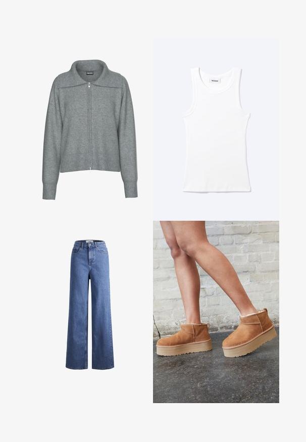 Cardigan gris doux à fermeture éclair avec col large côtelé, ourlet et poignets, doté de manches longues et d'une coupe décontractée.; Débardeur blanc côtelé sans manches avec encolure ronde et une petite étiquette indiquant "WEEKDAY" à l'intérieur du col.; Jean large en denim bleu clair avec taille haute, deux poches avant et coutures visibles. Fermeture à bouton et à zip.; Bottines en suède marron avec une doublure en peluche, semelle épaisse en beige et une poignée à l'arrière. Surface texturée avec des détails de couture visibles.