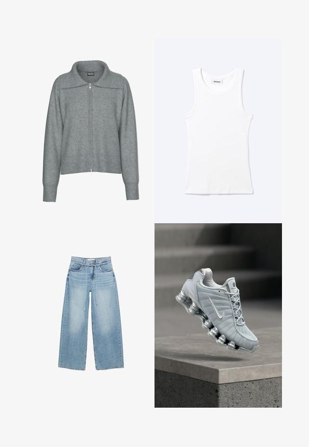 Sanfter grauer Reißverschluss-Cardigan mit breitem, geripptem Kragen, Saum und Bündchen, mit langen Ärmeln und lässiger Passform.; Weißes ärmelloses geripptes Tanktop mit rundem Ausschnitt und einem kleinen Etikett mit der Aufschrift "WEEKDAY" innen im Kragen.; Hellblaue Jeans mit weitem Bein, hoher Taille, Vorderseitentaschen, Gürtelschlaufen und dünnem verstellbarem Kordelzuggürtel.; Hellgrauer Nike Laufschuh mit gepolsterter, federartiger Sohle, der über einem Betonsims schwebt, verschwommener Treppenhintergrund.