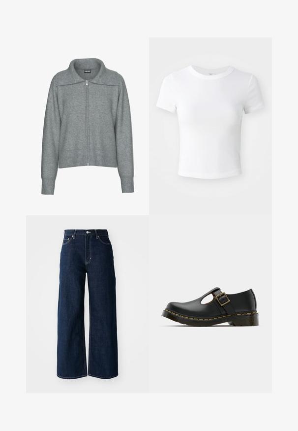 Zachte grijze cardigan met ritssluiting, ribgebreide brede kraag, zoom en manchetten, met lange mouwen en een losse pasvorm.; Effen witte cropped t-shirt met korte mouwen en ronde hals, weergegeven op een neutrale lichte achtergrond.; Brede pijp donkerblauwe denim jeans met contrasterende stiksels, vijf-pocket ontwerp en een knoopsluiting in de taille.; Zwarte leren schoen met een ronde neus, enkelband en gesp, lage hak en gele stiksels langs de zool. Gladde textuur overal.