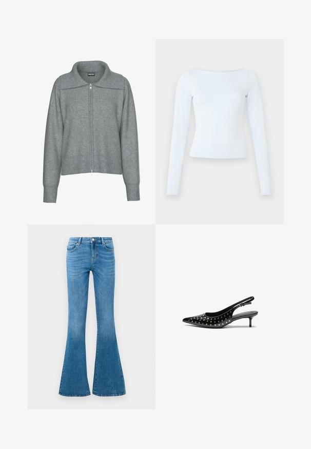 Blød grå cardigan med lynlås, bred ribstrikket krave, kant og manchetter, med lange ærmer og en afslappet pasform.; Langærmet, lyseblå tætsiddende bluse med bådudskæring og enkelt, rent design på en ensfarvet baggrund.; Blå denim flared jeans med mellemhøj talje, der har fem lommer, en standard knaplukning og let falmning for struktur.; Sorte læderslingback hæle med spids tå og lille hæl. Dekoreret med metalliske nitter langs overdelen for ekstra tekstur.