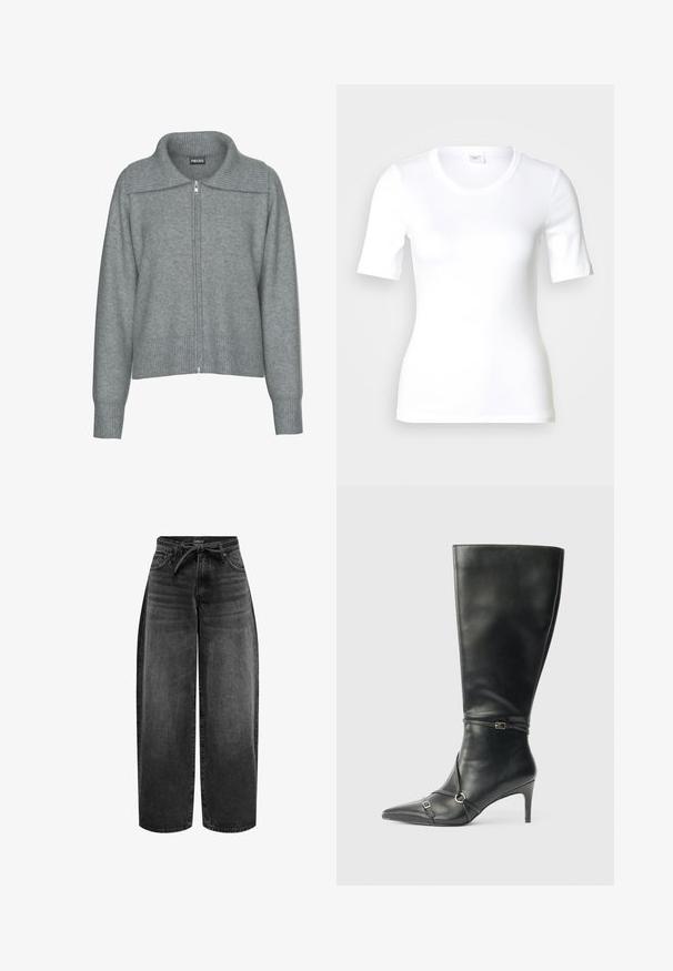 Blød grå cardigan med lynlås, bred ribstrikket krave, kant og manchetter, med lange ærmer og en afslappet pasform.; Hvid T-shirt med korte ærmer lavet af glat bomuld, med rund halsudskæring og en tætsiddende pasform. Klassisk design uden mønstre eller detaljer.; ONLY Straight fit ONLGIANNA Mid waist Balloon - Jeans Straight Leg - washed black; Sorte knæhøje støvler i læder med en slank hæl, spids tå og remdetaljer ved anklen. Glat tekstur og tætsiddende design.
