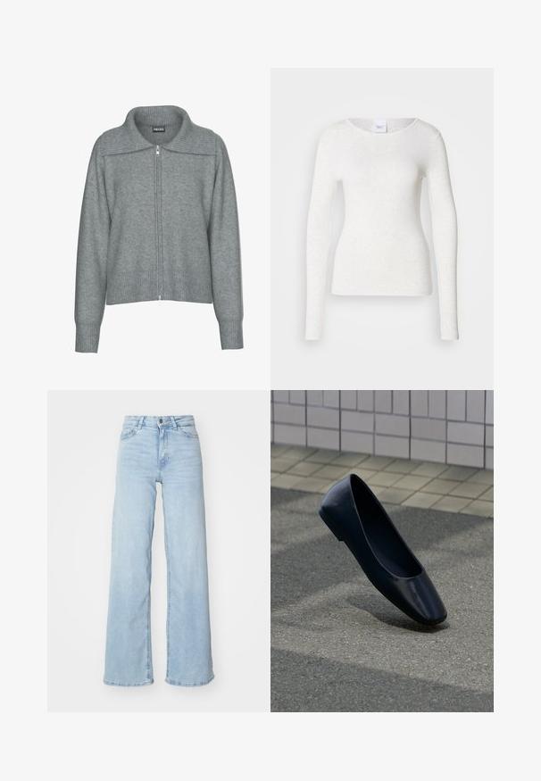 Zachte grijze cardigan met ritssluiting, ribgebreide brede kraag, zoom en manchetten, met lange mouwen en een losse pasvorm.; Wit T-shirt met lange mouwen van een zachte, lichtgewicht stof, met een ronde halslijn en een aansluitende pasvorm, met een subtiele textuur.; Lichtblauwe wijde jeans van denim. Met een hoge taille, knoopsluiting aan de voorkant en twee zakken. Gladde textuur met subtiele vervaging.; Zwarte leren platte schoen staat rechtop op een asfaltoppervlak nabij de rand van een betegeld trottoir.