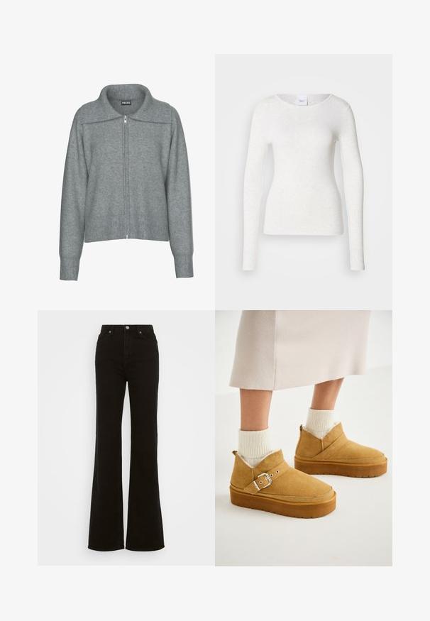 Blød grå cardigan med lynlås, bred ribstrikket krave, kant og manchetter, med lange ærmer og en afslappet pasform.; Hvid langærmet t-shirt i et blødt, letvægtsstof med rund halsudskæring og slank pasform, der har en diskret struktur.; Høj talje sorte flare jeans lavet af denim, med knaplukning, sidelommer og en glat tekstur.; Brune ruskind ankelstøvler med flad sål, der har en spænde-rem og blød indvendig foring, kombineret med ribbede cremefarvede sokker.