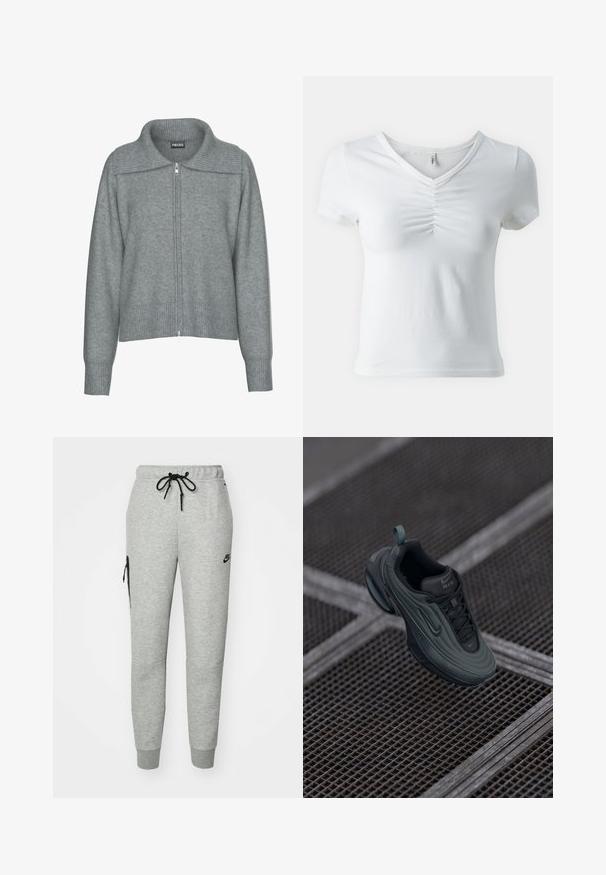 Blød grå cardigan med lynlås, bred ribstrikket krave, kant og manchetter, med lange ærmer og en afslappet pasform.; Hvid kortærmet T-shirt med V-hals og sammenfoldet detalje ved midten af barmen. Lavet af blødt, letvægts stof. Klassisk pasform.; Grå træningsbukser lavet af blødt stof med en snoretræk i taljen, tapered ben og en lynlåslomme på venstre side. Har sort logo.; Mørkegrønne og sorte Nike Air sneakers svævende over et metalgittergulv, der fremviser deres designs detaljer fra siden og ovenpå.