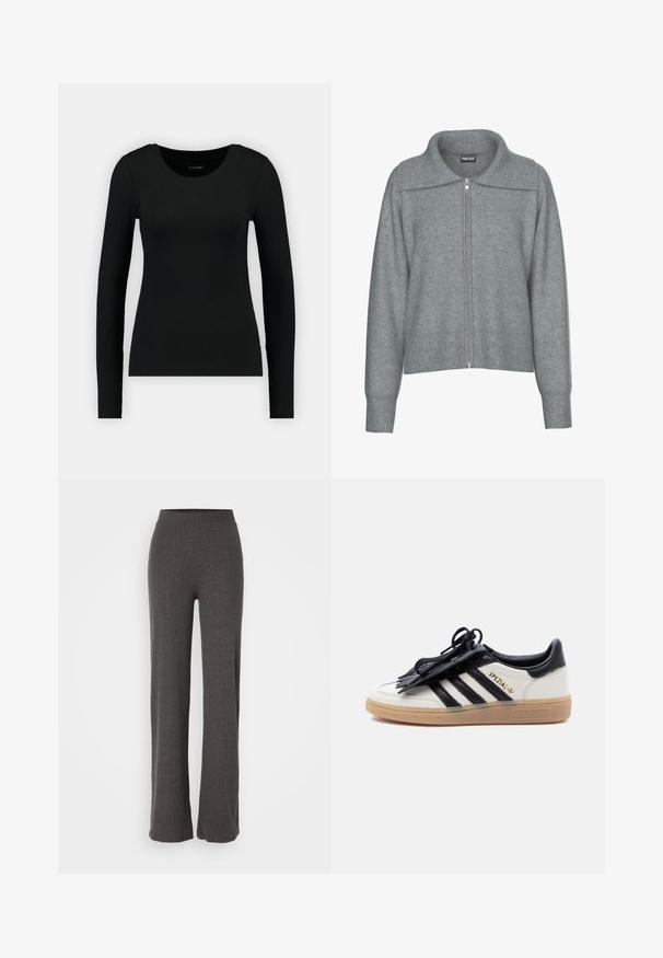 Sanfter grauer Reißverschluss-Cardigan mit breitem, geripptem Kragen, Saum und Bündchen, mit langen Ärmeln und lässiger Passform.; Schwarz, langärmliges Shirt aus geripptem Material. Merkmale einen runden Halsausschnitt und eine taillierte Silhouette. Einfaches Design ohne Muster oder Akzente.; Graue, gerippte Strickhose mit weitem Bein und elastischem Bund. Der Stoff hat eine strukturierte Optik und sorgt für eine bequeme Passform.; Weißer und schwarzer Adidas Spezial Sneaker mit Gummisohle, schwarzen Streifen und schwarzer Schnürsenkelabdeckung auf einfarbig hellem Hintergrund.