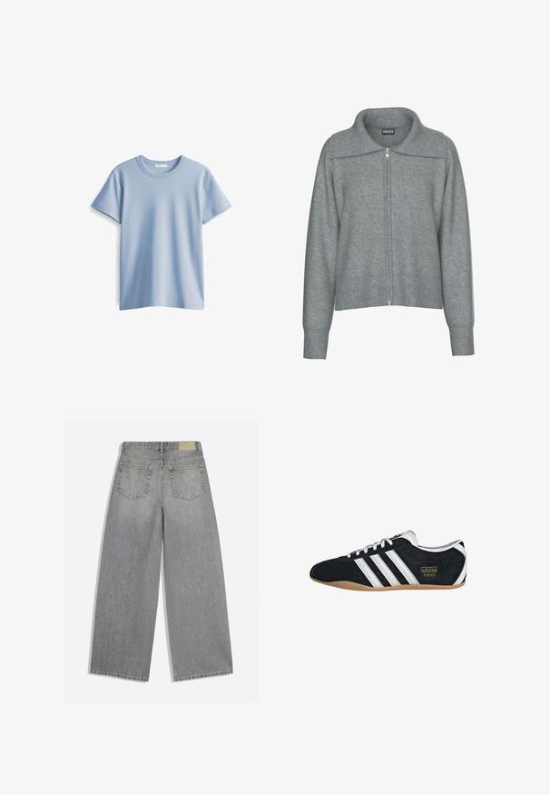 Sanfter grauer Reißverschluss-Cardigan mit breitem, geripptem Kragen, Saum und Bündchen, mit langen Ärmeln und lässiger Passform.; Himmelblaues Baumwoll-T-Shirt mit rundem Halsausschnitt und kurzen Ärmeln. Glatte Textur und gerader Saum, einfaches und klassisches Design.; Graue Jeans mit weitem Bein, Rückseite mit zwei Taschen und Gürtelschlaufen, flach auf weißem Hintergrund liegend.; Schwarze Wildledersneaker mit drei weißen Streifen, goldenem Logo und brauner Gummisohle. Merkmale ein niedrigprofiliertes Schnürdesign.
