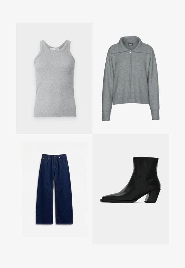 Sanfter grauer Reißverschluss-Cardigan mit breitem, geripptem Kragen, Saum und Bündchen, mit langen Ärmeln und lässiger Passform.; Graues, geripptes Tanktop mit Rundhalsausschnitt und breiten Schulterträgern. Der Stoff hat eine weiche Textur und eine figurbetonte Silhouette.; Dunkelblaue Jeans mit weitem Bein, vorne mit Knopf und Reißverschluss, fünf Taschen und sichtbaren Nahtdetails auf weißem Hintergrund.; Schwarze Leder-Stiefelette mit spitzem Zeh, schlanker Silhouette und klobigem quadratischem Absatz. Glatte Textur mit minimalen Nähdetails.