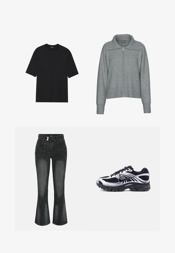 Mäkký sivý zapínací sveter na zips s rebrovaným širokým golierom, lemem a manžetami, s dlhými rukávmi a uvoľneným strihom.; Čierne tričko s krátkym rukávom vyrobené z bavlny. Má okrúhly výstrih a rovný lem. Minimalistický dizajn bez vzorov alebo akcentov.; Čierne prané džínsy z denimu s vysokým pásom, dvojitým zapínaním na gombíky, prednými vreckami a mierne rozšírenými nohavicami.; Čierna a strieborná bežecká topánka Nike s vrchnou časťou z priedušnej sieťoviny, podrážkou s vzduchovým vankúšom a šnúrkami, zobrazená z boku na bielom pozadí.