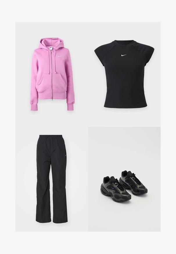 Laventelin vaaleanpunainen vetoketjullinen huppari, jossa on etutaskut, säädettävä nyörillä varustettu huppu, resorit hihansuissa ja pieni valkoinen Nike Swoosh -logo rinnassa.; Musta, lyhythihainen yläosa, jossa on resoitetty rakenne, pyöreä pääntie ja pieni valkoinen Nike-logo rinnassa.; Mustat, kevyet housut, joissa on joustava vyötärö ja nyöri. Niissä on teksturoitu pinta ja pieni heijastava logo sivussa.; Musta urheilukengät, joissa on synteettistä materiaalia, verkkomäisiä yksityiskohtia ja pyöristetyt pohjat. Varustettu nauhakiinnityksellä ja näkyvällä Nike-logoilla kengän kielessä.