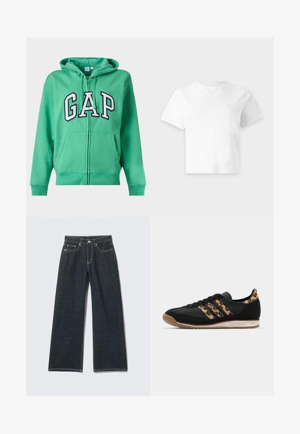 Groene zip-up hoodie met voorzakken en "GAP" logo in grote witte letters met zwarte contour op de borst.; Effen wit T-shirt met korte mouwen, ronde hals en rechte zoom, getoond tegen een effen lichtgrijze achtergrond.; Donkerblauwe jeans met wijde pijpen, knoopsluiting aan de voorkant, rits, lussens voor riem en vijf zakken, tegen een lichte effen achtergrond.; Zwarte sportschoen met een luipaardprint bovenkant, drie kenmerkende strepen en een gumrubberen zool. Getextureerde hak en vetersluiting aan de voorkant.