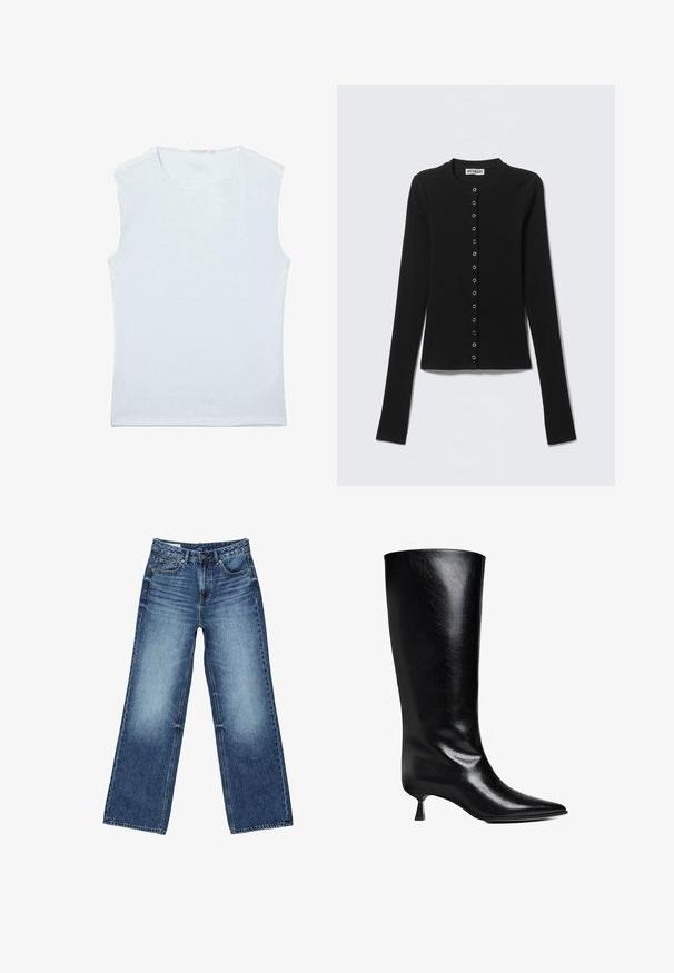 Cardigan noir côtelé à manches longues avec col rond et boutons-pression argentés sur le devant, marque Weekday.; Débardeur sans manches en coton blanc avec encolure ronde et un design simple et uni.; Jean denim bleu à jambes larges avec poches avant et poche monnaie, fermeture à boutons, et lavage délavé sur les cuisses et les genoux.; Boot en cuir noir, montant jusqu'au genou, avec un bout pointu, une silhouette élancée et un talon carré bas, le tout avec une finition brillante.