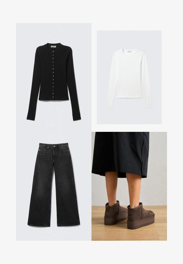 Cardigan noir côtelé à manches longues avec col rond et boutons-pression argentés sur le devant, marque Weekday.; T-shirt blanc uni à manches longues avec col rond et coupe slim, présenté sur un fond gris clair.; Jean noir à jambes larges avec cinq poches et fermeture par bouton, présenté à plat sur un fond clair.; UGG CLASSIC ULTRA MINI PLATFORM - Boots à talons - burnt cedar