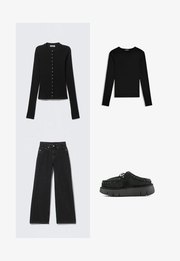 Cardigan noir côtelé à manches longues avec col rond et boutons-pression argentés sur le devant, marque Weekday.; T-shirt noir à manches longues avec col rond, design épuré, posé à plat sur un fond blanc.; Jean noir taille haute à jambes larges avec fermeture à boutons et fermeture éclair à l'avant, passants de ceinture et cinq poches avant sur fond clair.; Chaussure noire en daim à enfiler avec garniture en fourrure, coutures tressées et semelle épaisse noire. Présente une bande de marque sur le dessus.