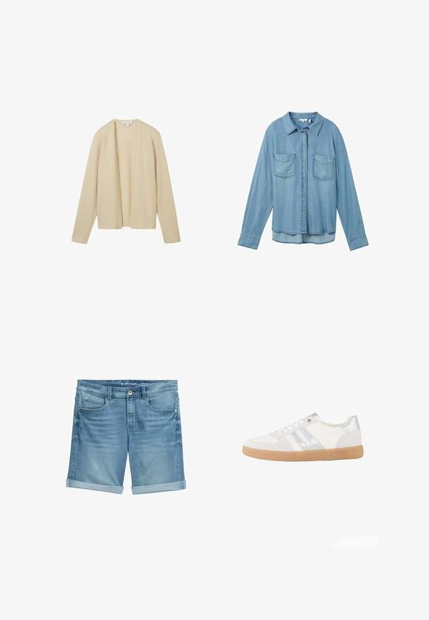 Beige cardigan lavet af tekstureret strikstof, med lange ærmer og åben frontdesign. Ingen lukninger eller udsmykninger er synlige.; Lysblå denimskjorte med lange ærmer, knaplukning og to forlommer. Har en klassisk krave og en let buet kant.; Denimshorts i lyseblå med en falmet finish, udstyret med opsmøgede kanter, fem lomme-design og metalknaplukning i taljen.; Hvid lavtop sneaker med sølvstriber, hvide snørebånd og en lys brun gummisål, vist fra siden på en hvid baggrund.
