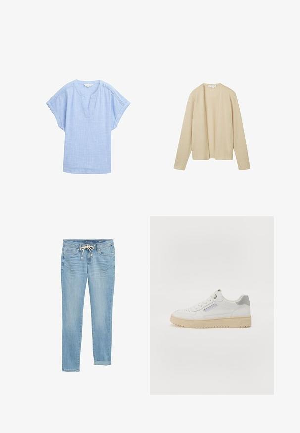 Beige cardigan lavet af tekstureret strikstof, med lange ærmer og åben frontdesign. Ingen lukninger eller udsmykninger er synlige.; Lys blå kortærmet skjorte i et åndbart stof, med v-halsudskæring og en subtil tekstureret mønster over hele. ; Lys blå denim jeans med lige pasform, elastisk snøre i taljen, opretstående nederste kant og forlommer. Designet med diskret slid.; Mænds hvide sneakers med en glat overflade, grå detaljer, rund tå og en beige gummisål. Har et sidelabel og perforerede detaljer.